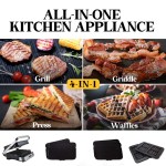 4-in-1 kitchen appliance: grill, griddle, press, waffles.