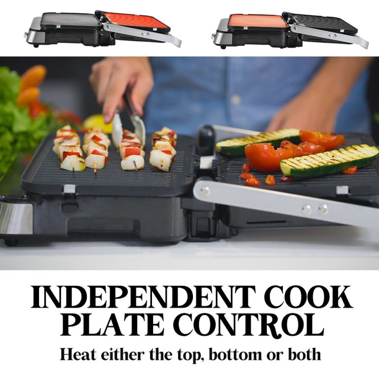 Grill with independent top and bottom heat control.