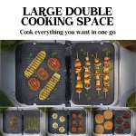 Large grill cooking various foods simultaneously.