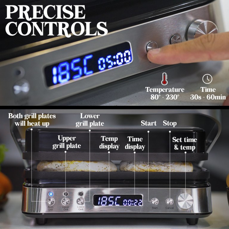 Digital grill display showing 185°C temperature control.