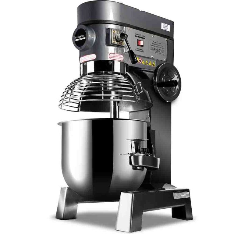Commercial kitchen mixer with stainless steel bowl.