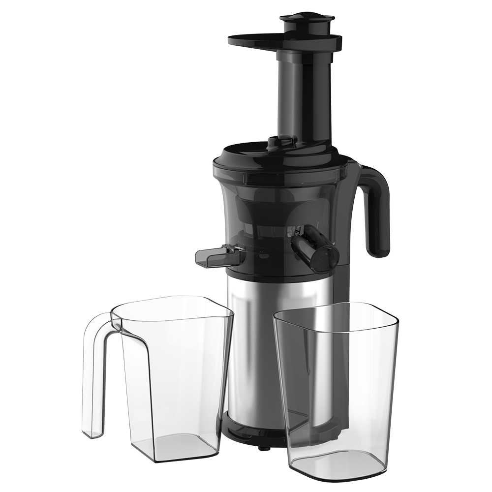 Black slow juicer with two containers.