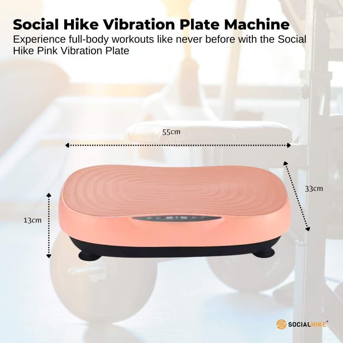 Pink vibration plate, dimensions: 55cm x 33cm x 13cm.