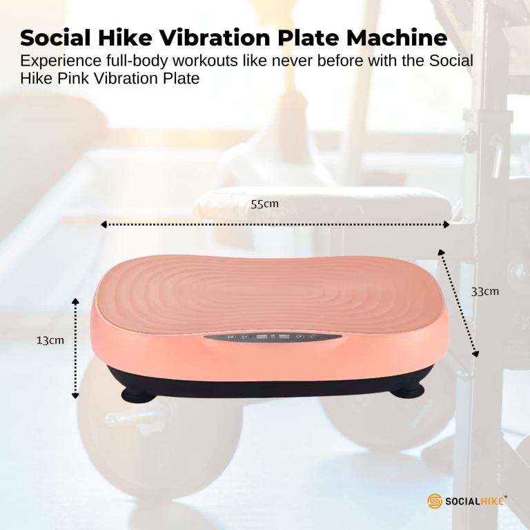 Pink vibration plate, dimensions: 55cm x 33cm x 13cm.