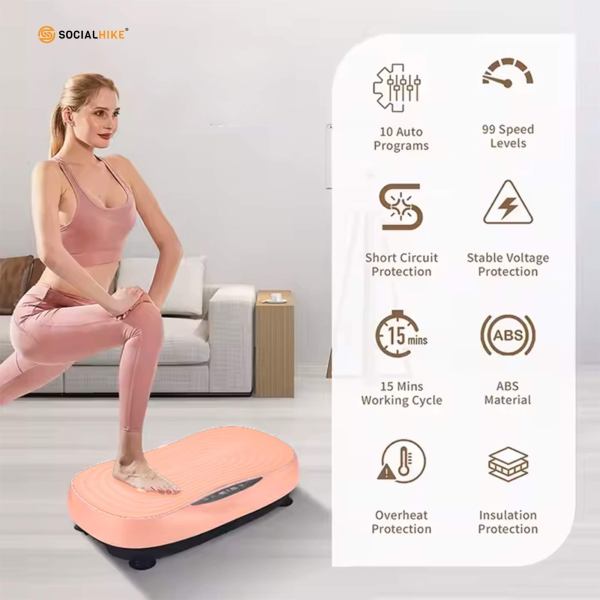 Woman exercising on vibration plate with safety features.