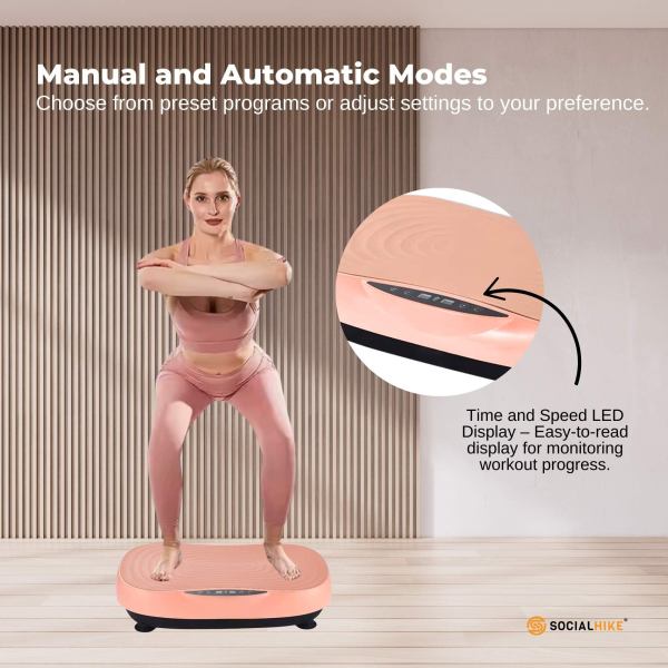 Woman exercises on vibration platform with LED display.