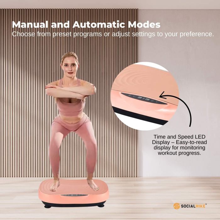 Woman exercises on vibration platform with LED display.