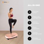 Woman using vibration platform for fitness benefits.