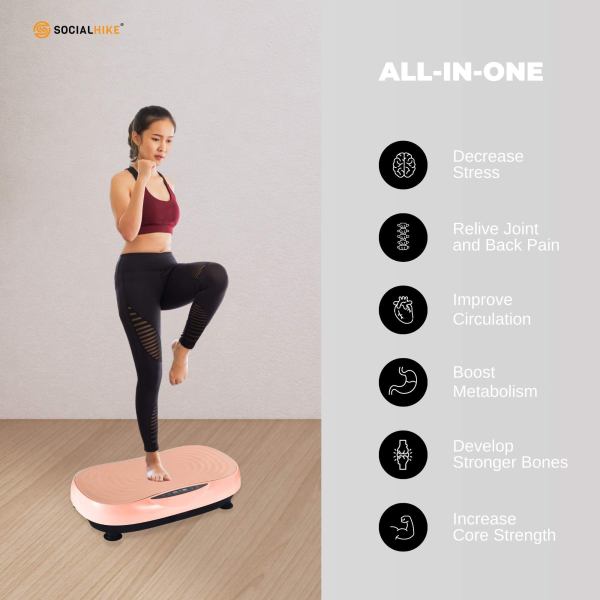 Woman using vibration platform for fitness benefits.