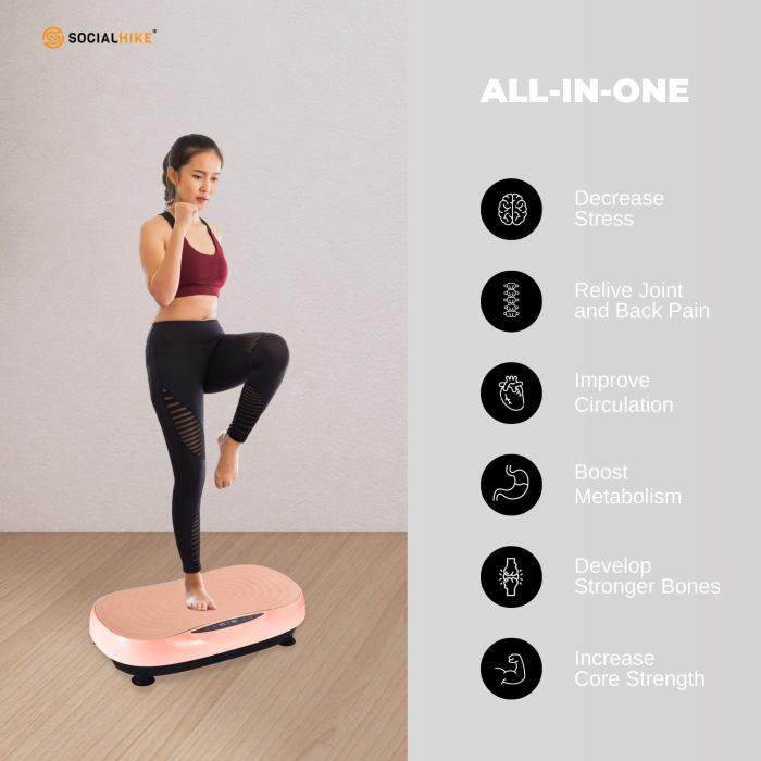 Woman using vibration platform for fitness benefits.