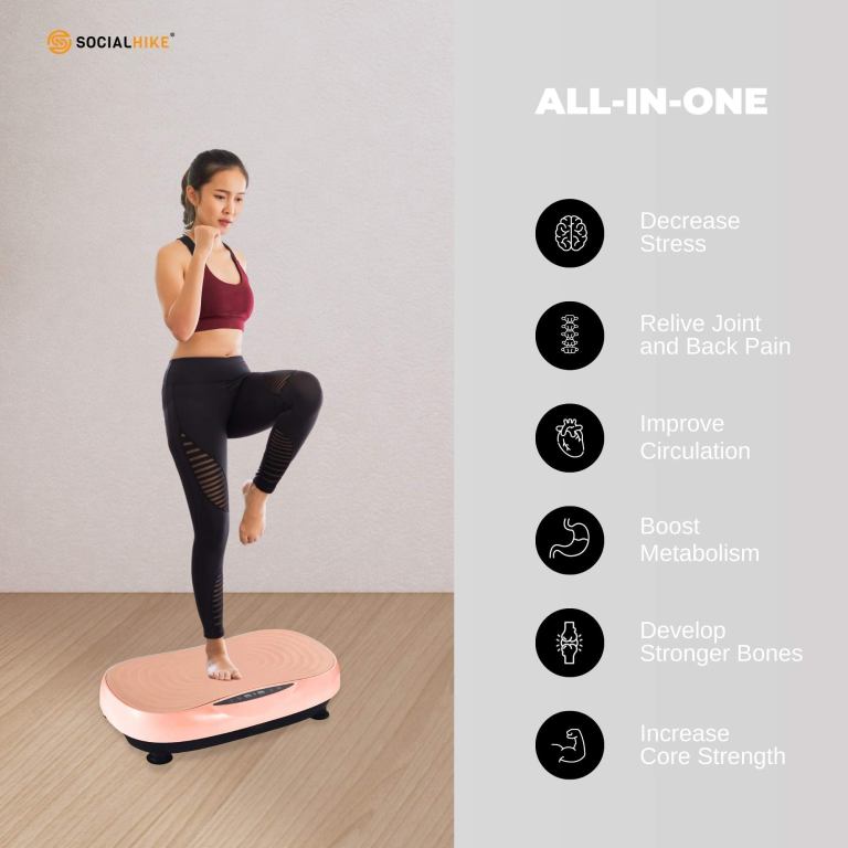 Woman using vibration platform for fitness benefits.