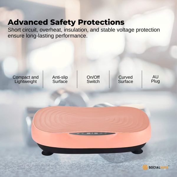 Compact vibration plate with safety features for home use.