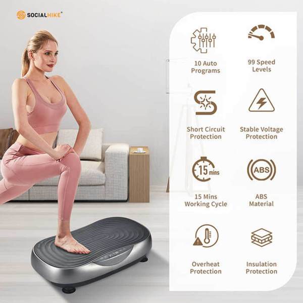 Woman exercising on vibration platform in living room.