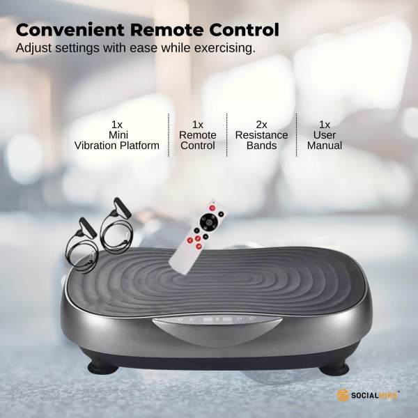 Mini vibration platform with remote and resistance bands.