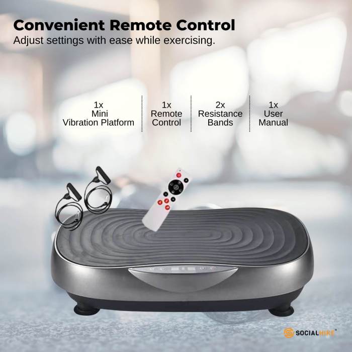 Mini vibration platform with remote and resistance bands.