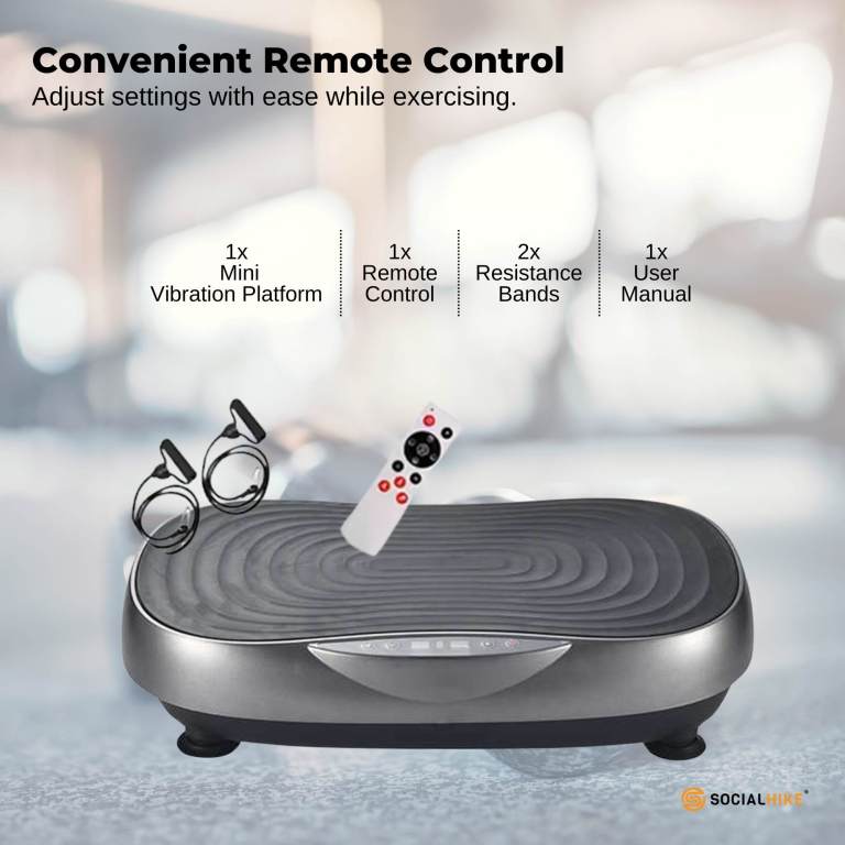 Mini vibration platform with remote and resistance bands.