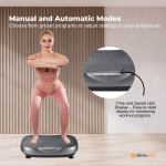 Woman using vibration plate for exercise settings.