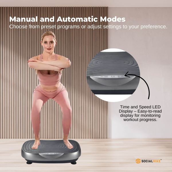 Woman using vibration plate for exercise settings.