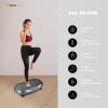 Woman using vibration plate for stress relief and fitness.