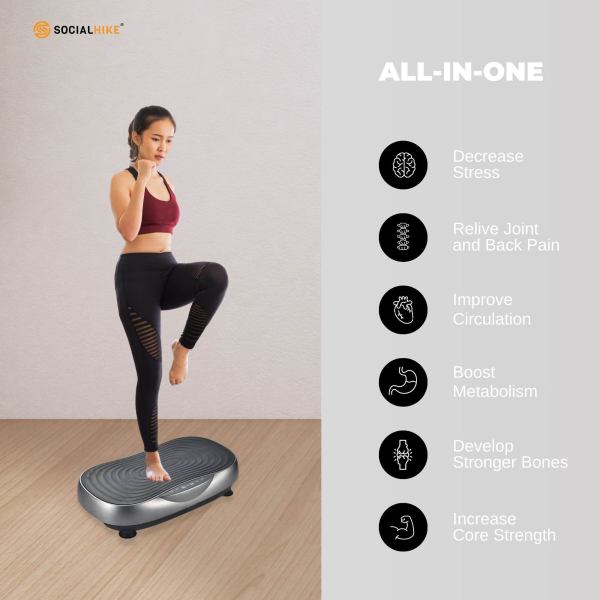 Woman using vibration plate for stress relief and fitness.