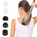 Woman using handheld massager with multiple attachments