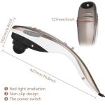 Handheld massager with measurements and features listed.