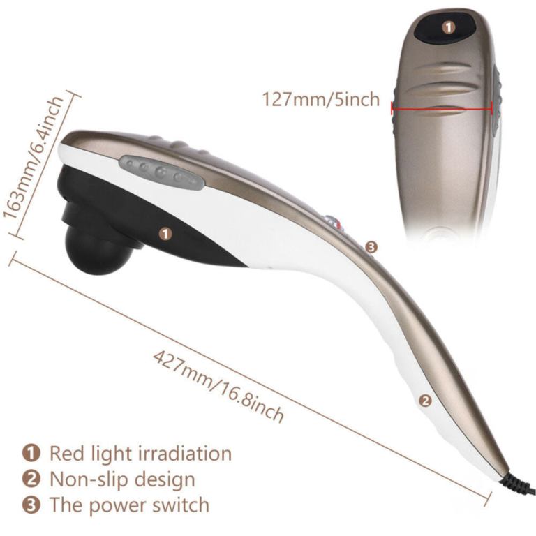 Handheld massager with measurements and features listed.