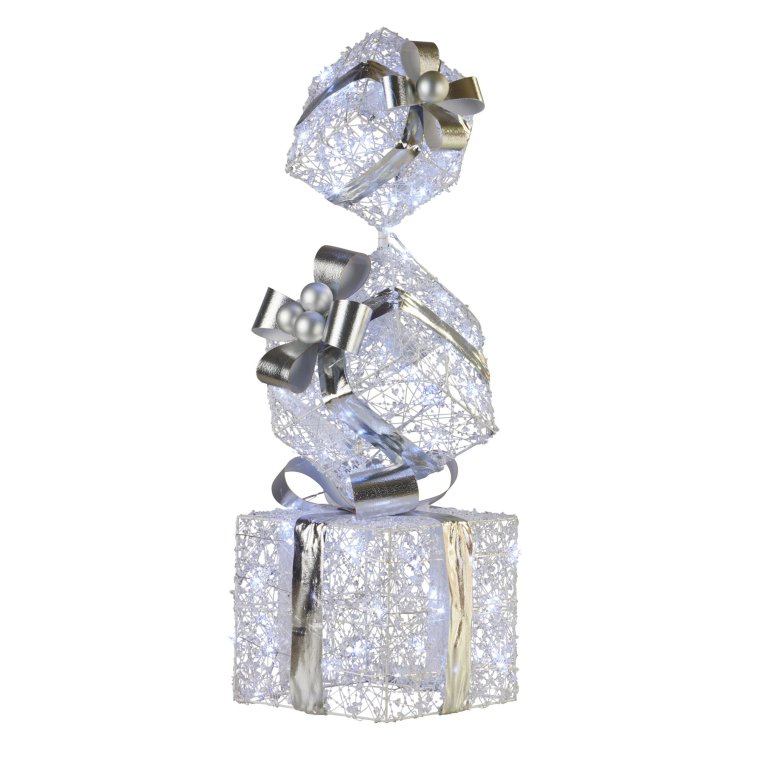 Three decorative silver gift boxes stacked vertically.