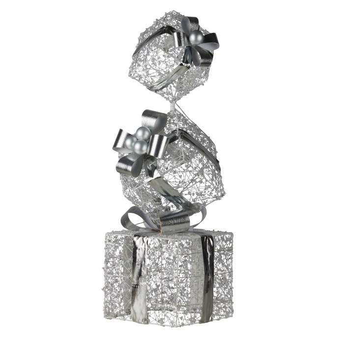 swishmas 83cm triple christmas silver giftbox stack display with lights Decorative silver gift boxes with bows.