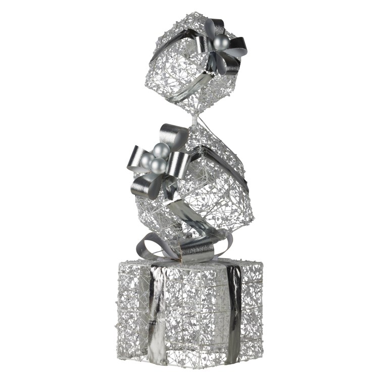 Decorative silver gift boxes with bows.