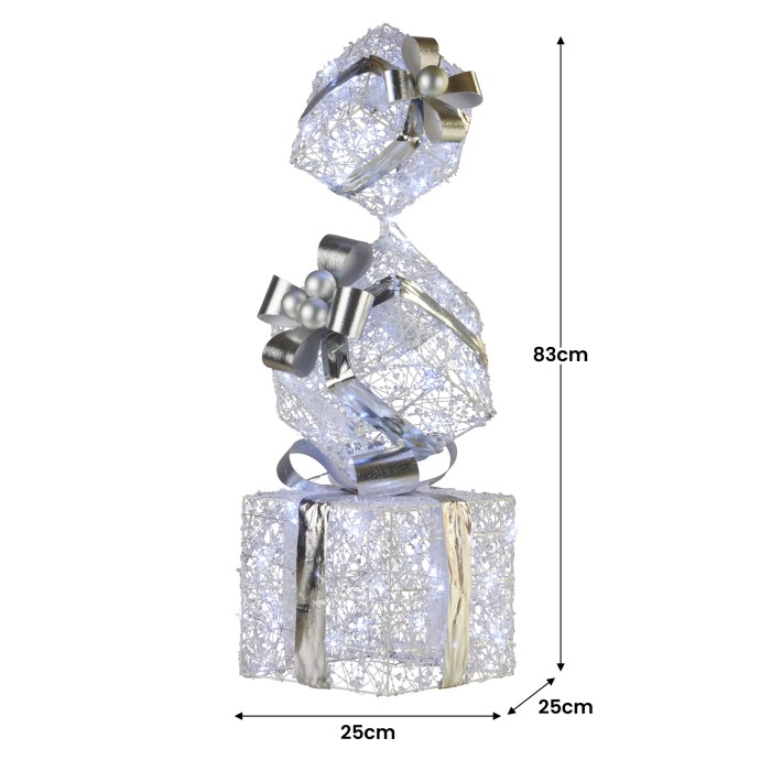 swishmas 83cm triple christmas silver giftbox stack display with lights Silver decorative gift boxes with LED lights, 83cm tall.