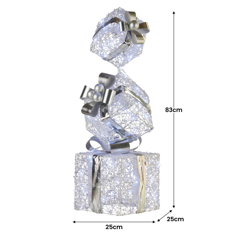 Silver decorative gift boxes with LED lights, 83cm tall.