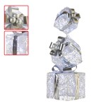 Triple silver gift boxes with bows and lights.
