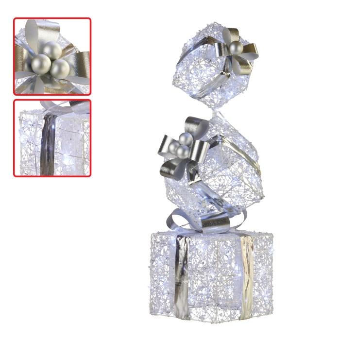 swishmas 83cm triple christmas silver giftbox stack display with lights Triple silver gift boxes with bows and lights.