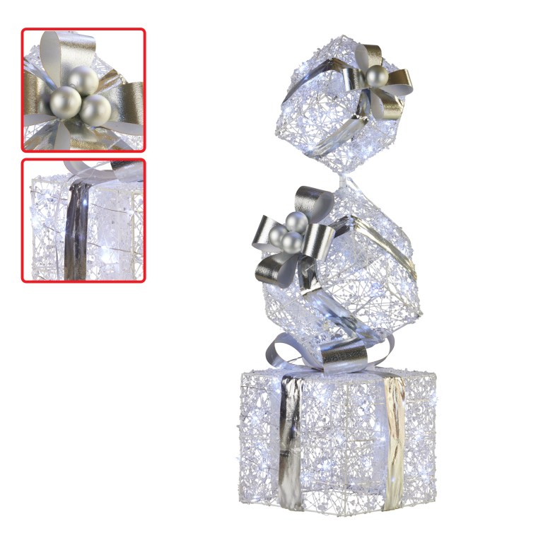 Triple silver gift boxes with bows and lights.