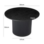 Round black table with dimensions detailed.