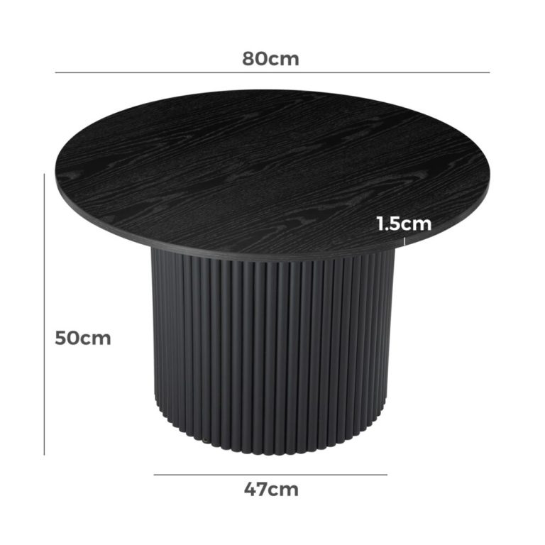 Round black table with dimensions detailed.