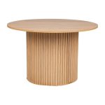 Round wooden dining table with vertical slatted base.