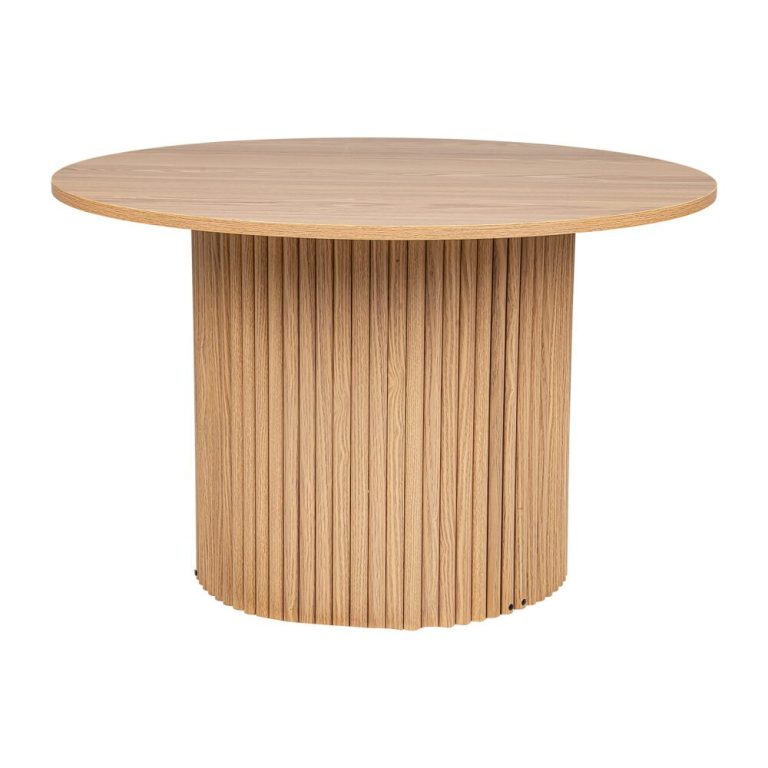 Round wooden dining table with vertical slatted base.
