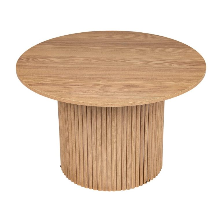 Round wooden table with ribbed base design.
