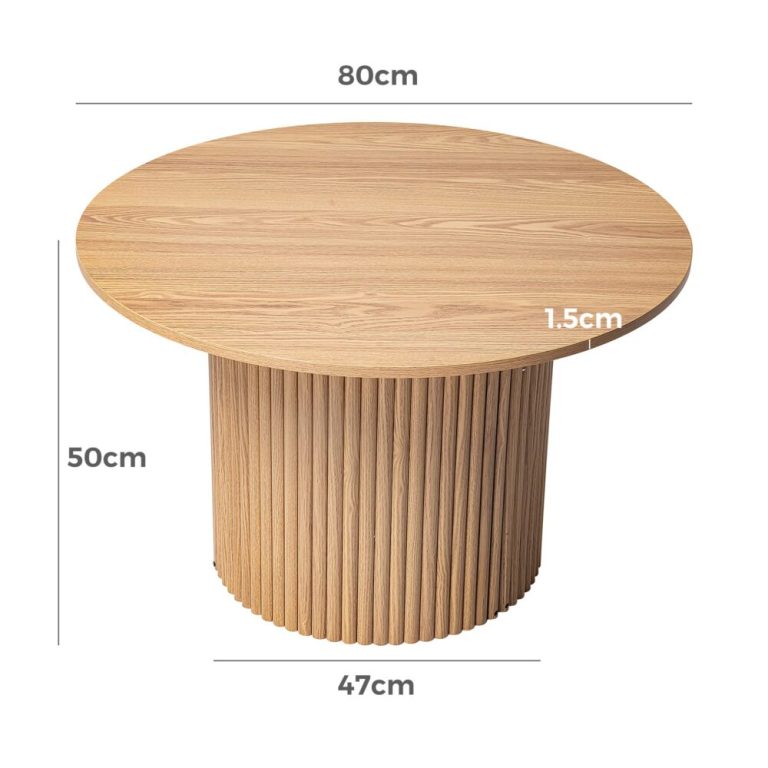 Round wooden table with dimensions shown.