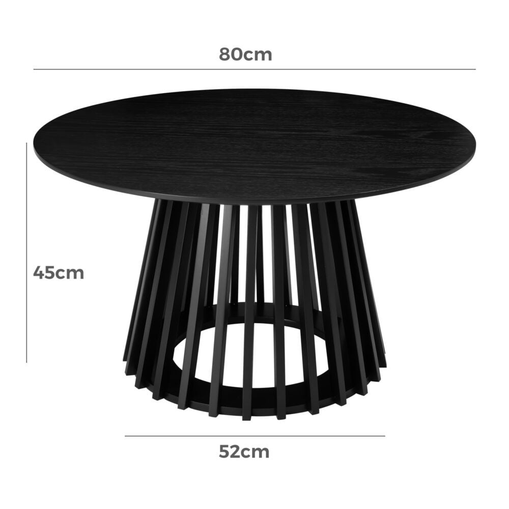 Black round coffee table, slatted base, dimensions shown.