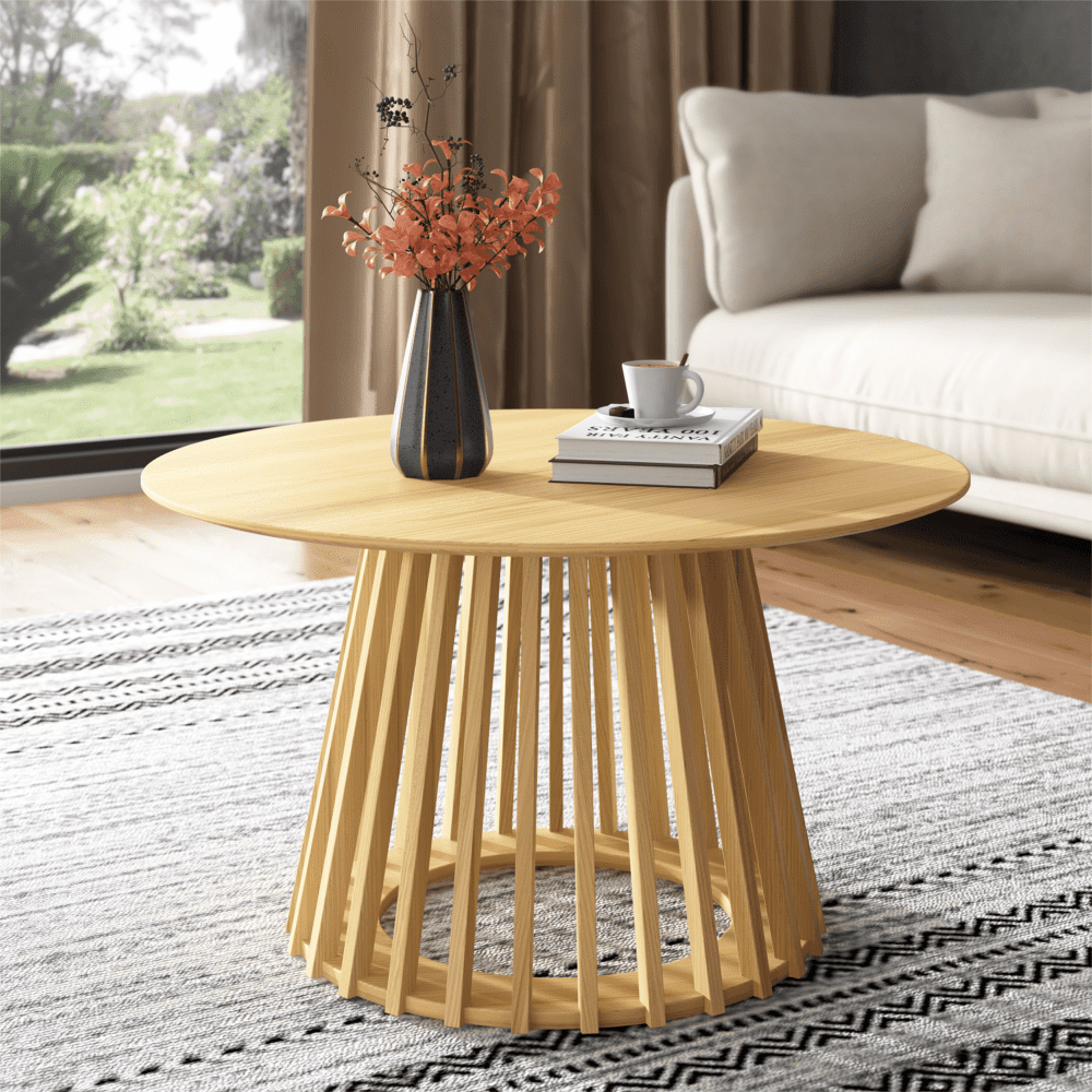 Modern wooden coffee table with vase and books.