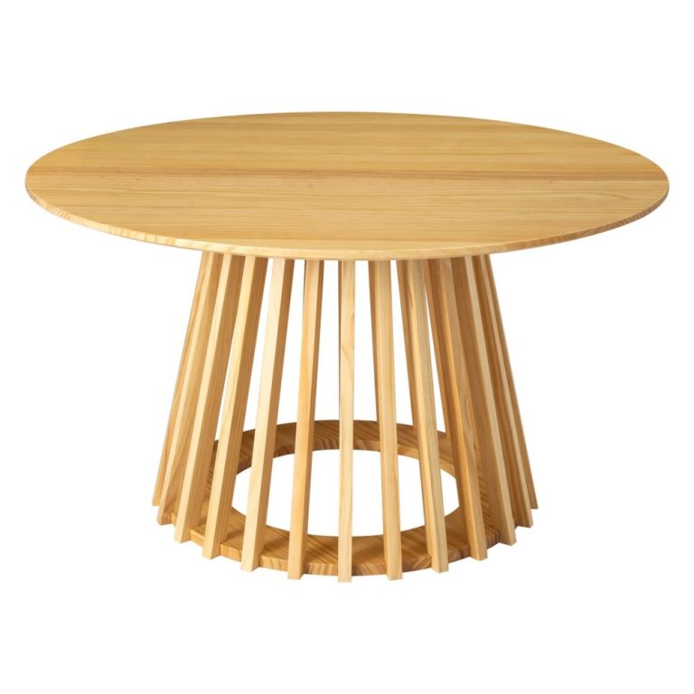 palmer coastal haven natural coffee table Round wooden table with slatted base design.