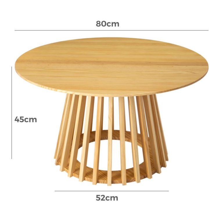 palmer coastal haven natural coffee table Round wooden table with dimensions, modern design.