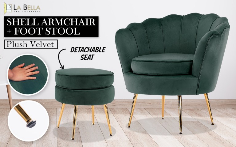 armchair lounge chair accent velvet shell scallop + ottoman footstool round green Green velvet shell armchair with footstool, gold legs.