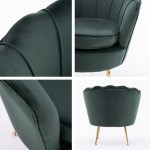 armchair lounge chair accent velvet shell scallop + ottoman footstool round green Green velvet chair with gold legs, detailed views.