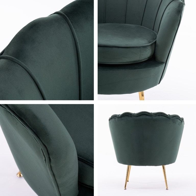 armchair lounge chair accent velvet shell scallop + ottoman footstool round green Green velvet chair with gold legs, detailed views.