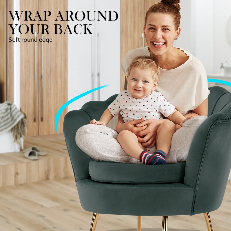 armchair lounge chair accent velvet shell scallop + ottoman footstool round green Smiling woman holding baby in comfy chair.