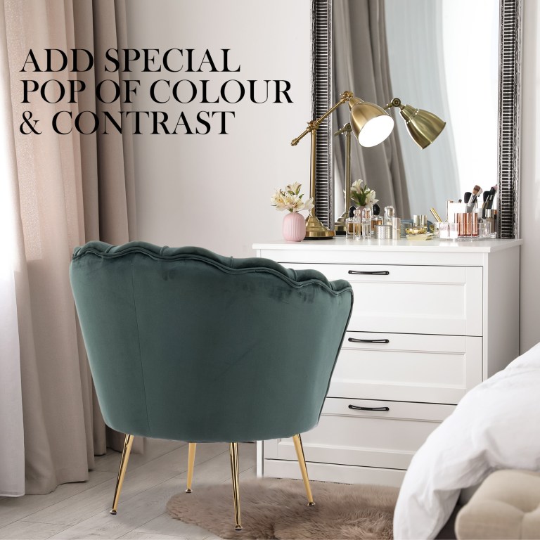 armchair lounge chair accent velvet shell scallop + ottoman footstool round green Elegant bedroom chair and vanity setup.